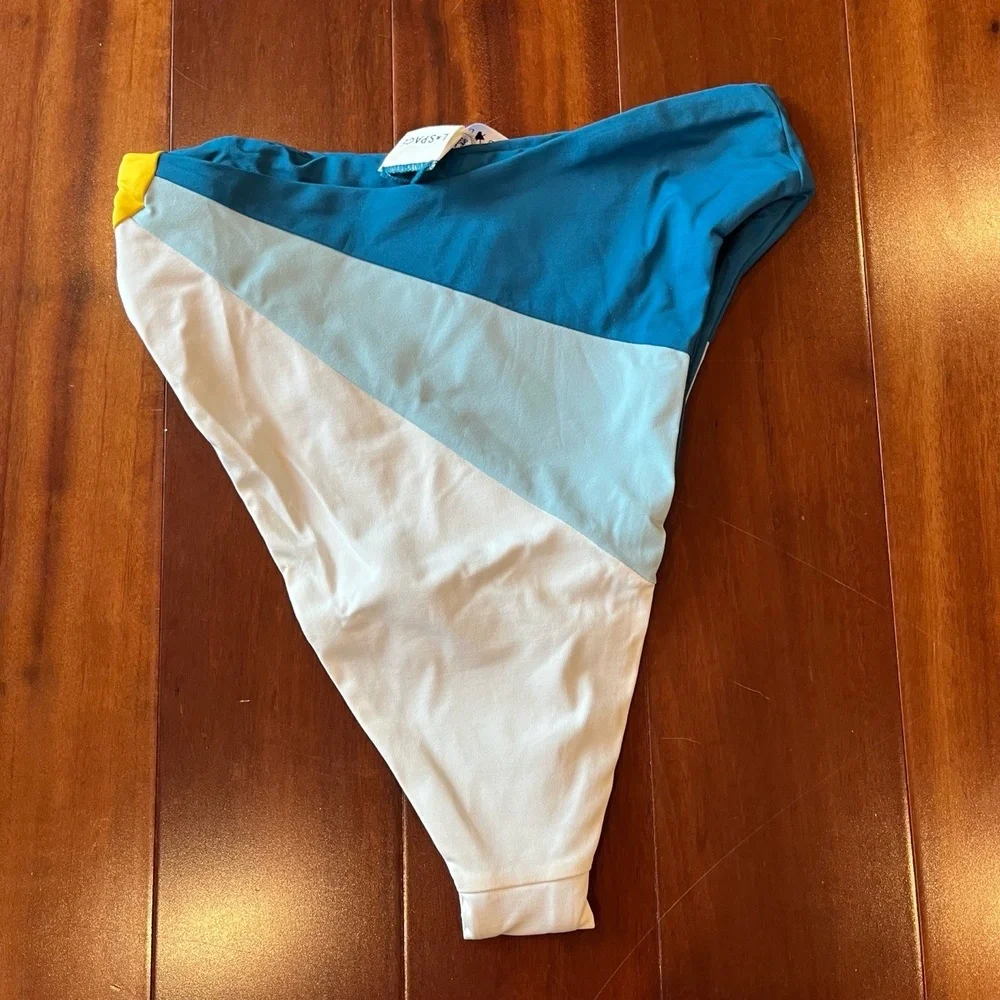 New NWT LSpace Bikini Bottom Luca Sunburst Bitsy Blue White Yellow Colorblock XS